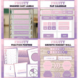 Violet and lilac printable drawer cart labels, flip calendar, fraction posters and growth mindset bulletin board display