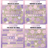 Violet and lilac printable subject posters for health, history and maths with it's okay to classroom bulletin board