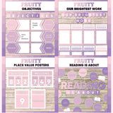 Violet and lilac printable objectives bulletin board, our brightest work display, place value posters and reading is about subject poster