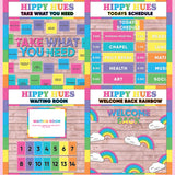 Bright multicolor printable take what you need board, daily schedule cards, waiting room display and welcome back rainbow bulletin board