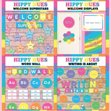 Bright multicolor printable welcome superstars board, welcome to our class door display, word wall cards and writing is about subject poster