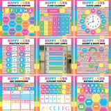 Bright multicolor retro classroom bulletin board display pack - printable affirmation station, calendar, clock labels, fractions, drawer labels, accents, alphabet posters and birthday display