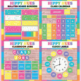 Bright multicolor printable bulletin board borders, interactive class calendar, classroom jobs chart and analogue clock labels