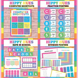 Bright multicolor printable computer shortcut posters, CUBES maths strategy display, days in school counter and division table charts