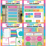 Bright multicolor printable drawer cart labels, flip calendar, fraction posters and growth mindset bulletin board display