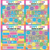 Bright multicolor printable subject posters for health, history and maths with it's okay to classroom bulletin board
