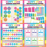 Bright multicolor printable morning greeting door choices, multiplication chart and posters, classroom number line and number posters 0 to 30