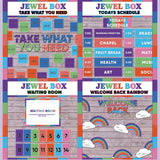 Jewel tone printable take what you need board, daily schedule cards, waiting room display and welcome back rainbow bulletin board