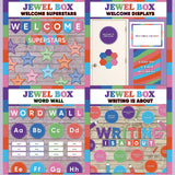 Jewel tone printable welcome superstars board, welcome to our class door display, word wall cards and writing is about subject poster