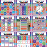 Jewel tone classroom decoration set with bulletin board letters - printable affirmation station, calendar, clock labels, fractions, drawer labels, accents, alphabet posters and birthday display