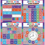 Jewel tone printable bulletin board borders, interactive class calendar, classroom jobs chart and analogue clock labels