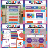 Jewel tone printable drawer cart labels, flip calendar, fraction posters and growth mindset bulletin board display