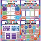 Jewel tone printable objectives bulletin board, our brightest work display, place value posters and reading is about subject poster