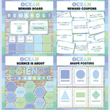 Seafoam blue and green printable reward and incentive board, reward coupons, science is about subject poster and classroom shape posters