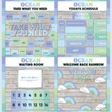Seafoam blue and green printable take what you need board, daily schedule cards, waiting room display and welcome back rainbow bulletin board