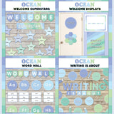 Seafoam blue and green printable welcome superstars board, welcome to our class door display, word wall cards and writing is about subject poster