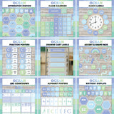 Seafoam blue and green focus wall decor and bulletin board set - printable affirmation station, calendar, clock labels, fractions, drawer labels, accents, alphabet posters and birthday display