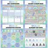 Seafoam blue and green printable ABC countdown to summer, décor accent and shape pieces, affirmation station bulletin board and alphabet letter cut outs