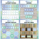 Seafoam blue and green printable alphabet wall posters, make your own classroom banners, class birthday display and book bin labels