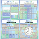 Seafoam blue and green printable bulletin board borders, interactive class calendar, classroom jobs chart and analogue clock labels