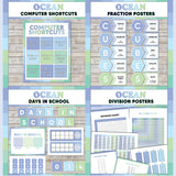 Seafoam blue and green printable computer shortcut posters, CUBES maths strategy display, days in school counter and division table charts