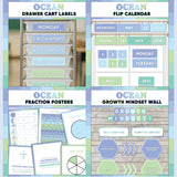 Seafoam blue and green printable drawer cart labels, flip calendar, fraction posters and growth mindset bulletin board display