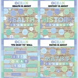 Seafoam blue and green printable subject posters for health, history and maths with it's okay to classroom bulletin board