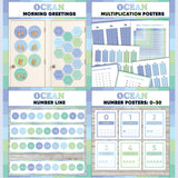 Seafoam blue and green printable morning greeting door choices, multiplication chart and posters, classroom number line and number posters 0 to 30