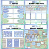 Seafoam blue and green printable objectives bulletin board, our brightest work display, place value posters and reading is about subject poster