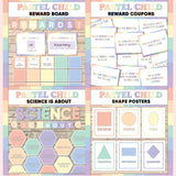 Peach and mint printable reward and incentive board, reward coupons, science is about subject poster and classroom shape posters