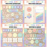 Peach and mint printable welcome superstars board, welcome to our class door display, word wall cards and writing is about subject poster