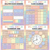 Peach and mint printable bulletin board borders, interactive class calendar, classroom jobs chart and analogue clock labels