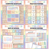 Peach and mint printable computer shortcut posters, CUBES maths strategy display, days in school counter and division table charts