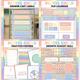 Peach and mint printable drawer cart labels, flip calendar, fraction posters and growth mindset bulletin board display