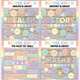 Peach and mint printable subject posters for health, history and maths with it's okay to classroom bulletin board