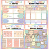 Peach and mint printable objectives bulletin board, our brightest work display, place value posters and reading is about subject poster