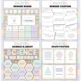 Pastel multicolor printable reward and incentive board, reward coupons, science is about subject poster and classroom shape posters