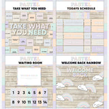 Pastel multicolor printable take what you need board, daily schedule cards, waiting room display and welcome back rainbow bulletin board