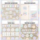 Pastel multicolor printable welcome superstars board, welcome to our class door display, word wall cards and writing is about subject poster