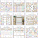 Pastel multicolor minimal matching classroom decor set - printable affirmation station, calendar, clock labels, fractions, drawer labels, accents, alphabet posters and birthday display