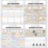Pastel multicolor printable ABC countdown to summer, décor accent and shape pieces, affirmation station bulletin board and alphabet letter cut outs