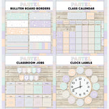 Pastel multicolor printable bulletin board borders, interactive class calendar, classroom jobs chart and analogue clock labels