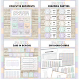 Pastel multicolor printable computer shortcut posters, CUBES maths strategy display, days in school counter and division table charts