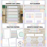 Pastel multicolor printable drawer cart labels, flip calendar, fraction posters and growth mindset bulletin board display