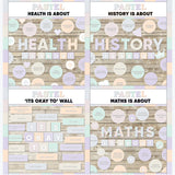 Pastel multicolor printable subject posters for health, history and maths with it's okay to classroom bulletin board