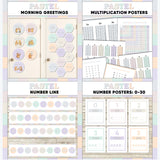 Pastel multicolor printable morning greeting door choices, multiplication chart and posters, classroom number line and number posters 0 to 30