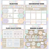 Pastel multicolor printable objectives bulletin board, our brightest work display, place value posters and reading is about subject poster