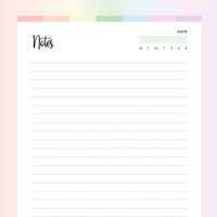 Printable Notes Template - Rainbow