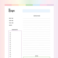Printable Recipe Template - Rainbow