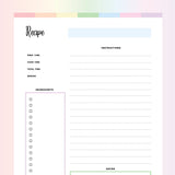 Printable Recipe Template - Rainbow